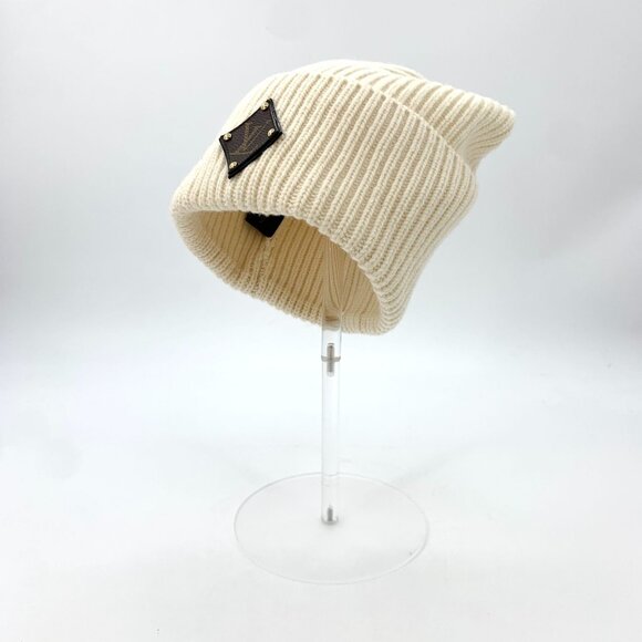 Louis Vuitton Beige Wool Knit Hat W/ Leather LV Logo Patch Winter Cap 52cm - Picture 1 of 9